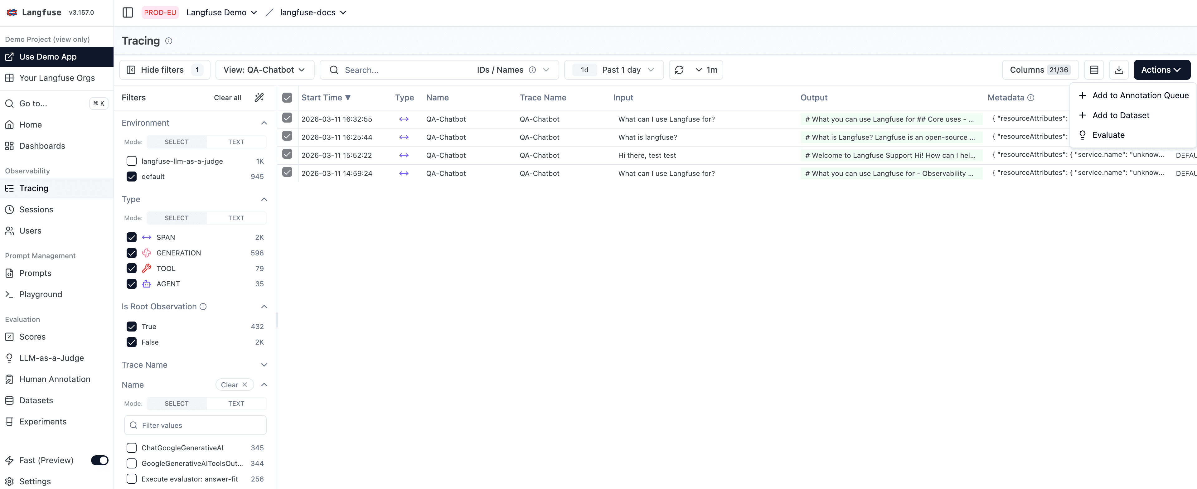 Tracing table with filters applied before backfilling observation-level evaluations
